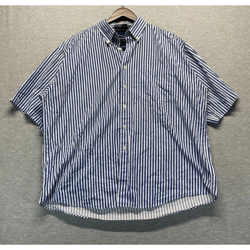 Haggar Mens XL White Blue Vertical Striped Cotton Button Down Shirt Short Sleeve